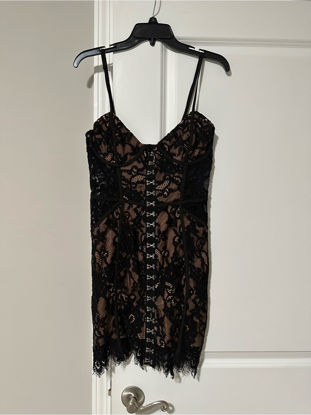 Tobi Black Lace Hook-and-Eye Bustier Mini Dress